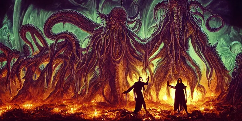 Prompt: photorealistic necromancer priest in an invoking ritual in front of a giant cthulhu in a large landscape, intricate, elegant, glowing lights, art by david lachapelle, photography by annie leibovitz