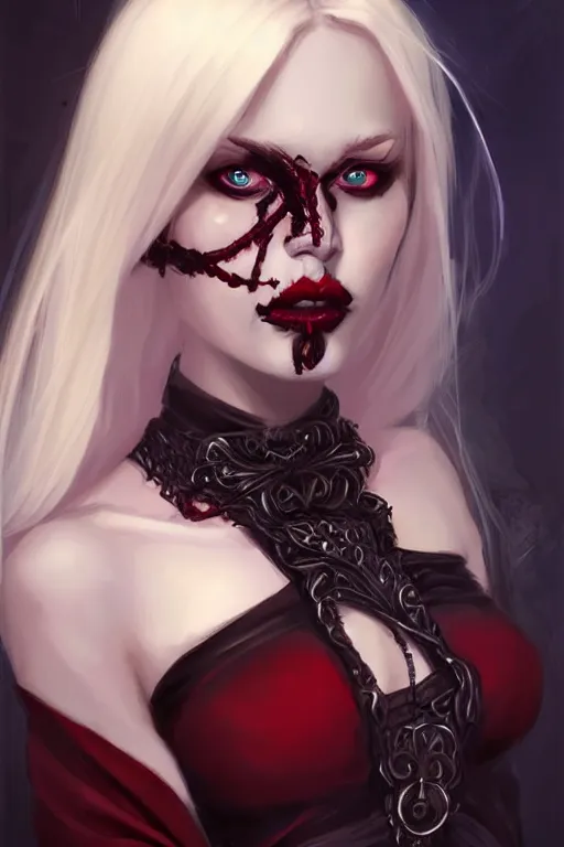 Image similar to Portrait of seductive female necromancer, D&D, revealing stylish dress, red eyes, dark eyeshadow, choker on neck, long blonde hair, mouth slightly open, slight nerdy smile, fantasy, intricate, elegant, highly detailed, digital painting, artstation, concept art, smooth, sharp focus, illustration, art by artgerm and greg rutkowski and alphonse mucha