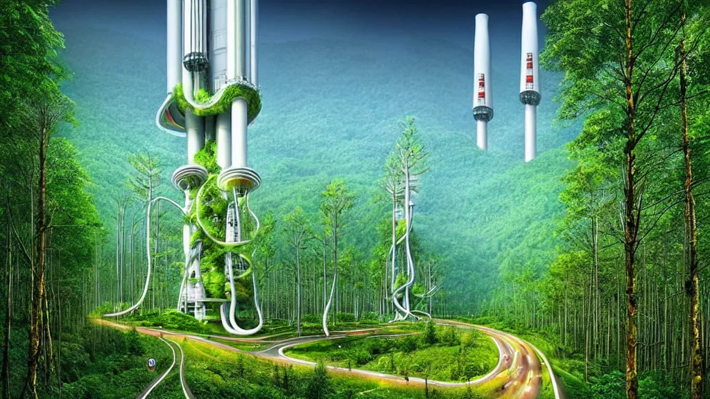 Image similar to Clean, Cheap Abundant,Nuclear Energy Future, Forest in Harmony with Nature; Location: Quito, Ecuador; by Vincent Callebaut; by Simon Stålenhag; retro-futuristic ; retro natural-futurism;