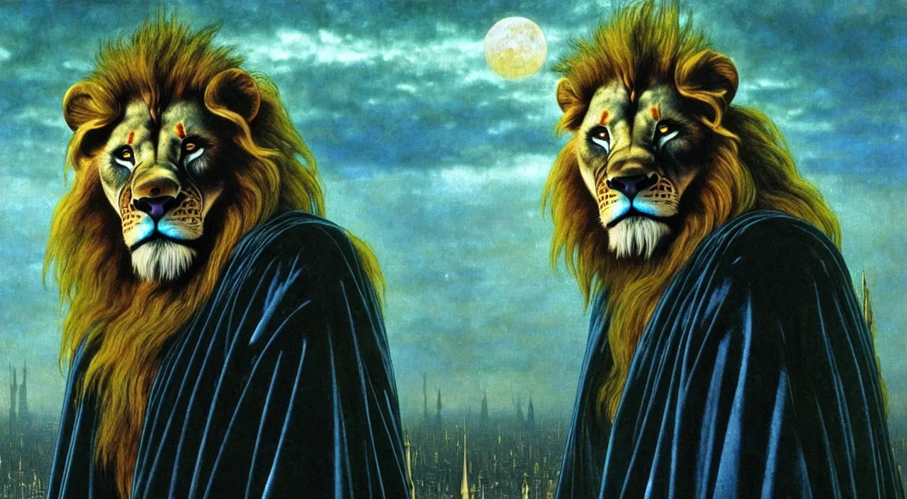 Image similar to realistic detailed portrait movie shot of a lionman wearing dark robes, sci fi city landscape background by denis villeneuve, amano, yves tanguy, alphonse mucha, ernst haeckel, max ernst, roger dean, masterpiece, rich moody colours, blue eyes, occult