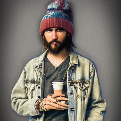 Prompt: an extremely detailed matte painting of a ridiculously good looking full body hipster jesus that looks stoned and drinking espresso in jerusalem, wearing a jean jacket with a nirvana jacket and a beenie, carrying a skateboard shaped like a crucifix, waxed beard, very detailed, beautiful, intricate, art by rembrandt and alphonse mucha, octane render