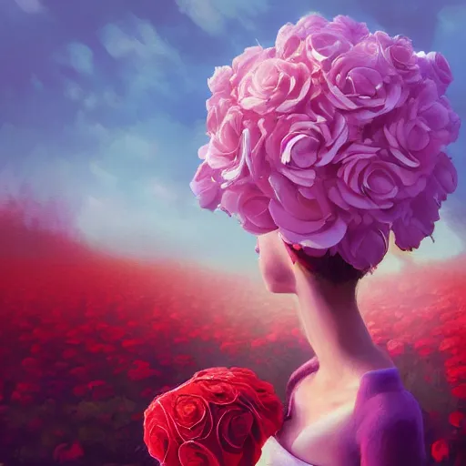 Image similar to closeup, giant rose flower head, frontal, girl with suit, surreal photography, sunrise, dramatic light, impressionist painting, digital painting, artstation, simon stalenhag