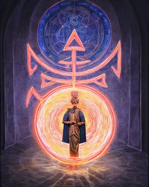 Image similar to photorealist painting of mage reciting an incantation and standing on glowing runes in the middle of dark room, high production value, intricate details, high resolution, hyperrealistic, hdr, high definition, masterpiece, ultra realistic, highly detailed, hd, sharp focus, non blurry, sharp, smooth