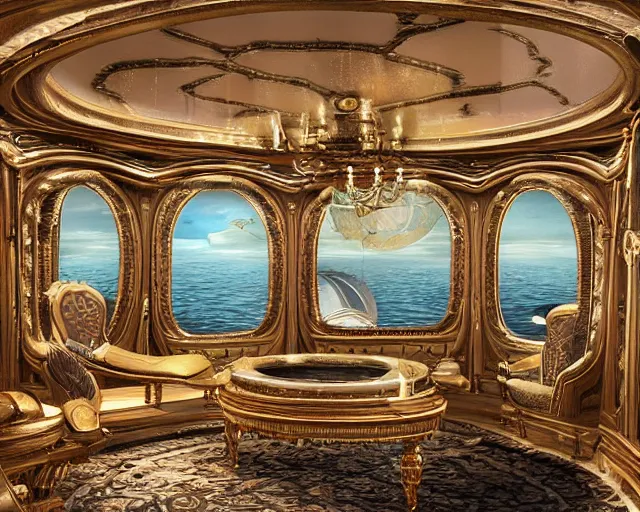 Prompt: dream captain nemo's luxury victorian living room on the nautilus with views out porthole windows of ocean life, photo realistic, 8 k