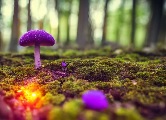 Image similar to a fantasy forest on an alien planet with delicate flowers and mushrooms that glow in the dusk, macro close up, bokeh,