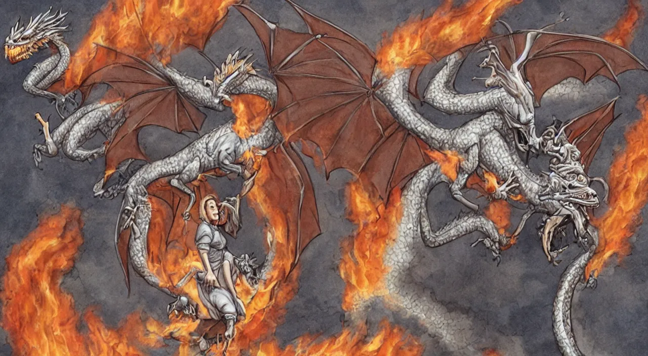 Prompt: nancy pelosi riding a fire - breathing flying dragon