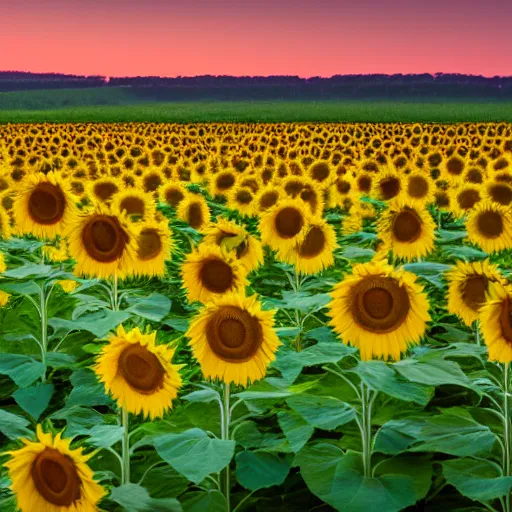 Image similar to A field of sunflowers glowing at night scenic, beuatiful, photo, 8K