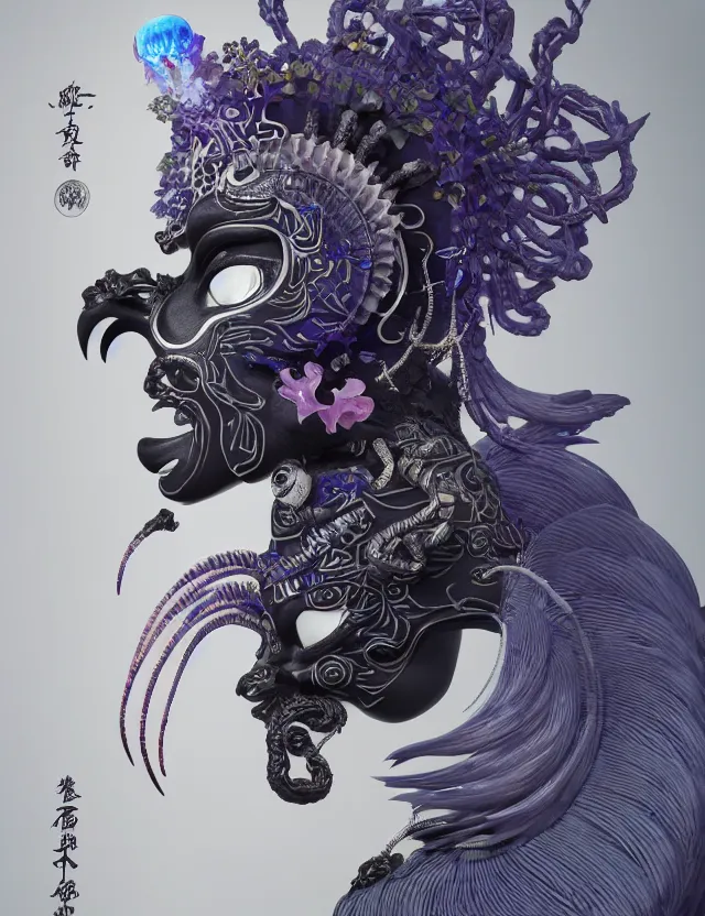 Image similar to 3 d goddess of hell close - up profile portrait with ram skull. beautiful intricately detailed japanese crow kitsune mask and clasical japanese kimono. betta fish, jellyfish phoenix, bio luminescent, plasma, ice, water, wind, creature, artwork by tooth wu and wlop and beeple and greg rutkowski