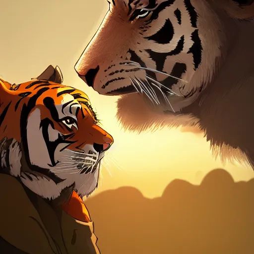 Image similar to anthropomorphic tiger bandit in swamplands gazing at the sunset, cinematic, studio ghibli, wide shot, dramatic lighting, dynamic, ultra realistic, ultra detailed, 8 k, thin line work, trending on artstation