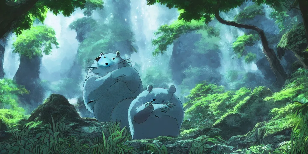 Prompt: blue bear shaped like totoro looking into large cave entrance in a lush forest with waterfalls, beautiful ambiance, studio ghibli style, by hayao miyazaki, sharp focus, highly detailed, 4k