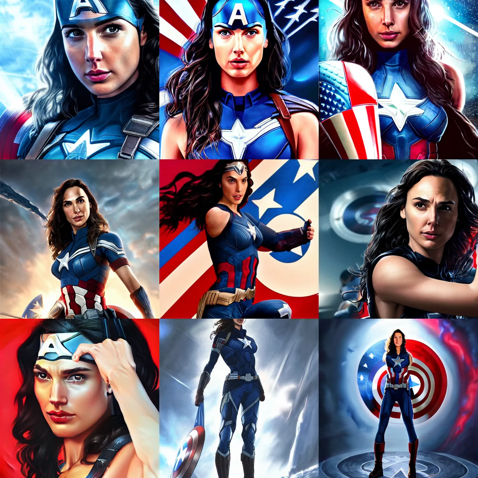 Prompt: photorealistic art of gal gadot as captain america, dynamic lighting, space atmosphere, hyperrealism, stunning visuals