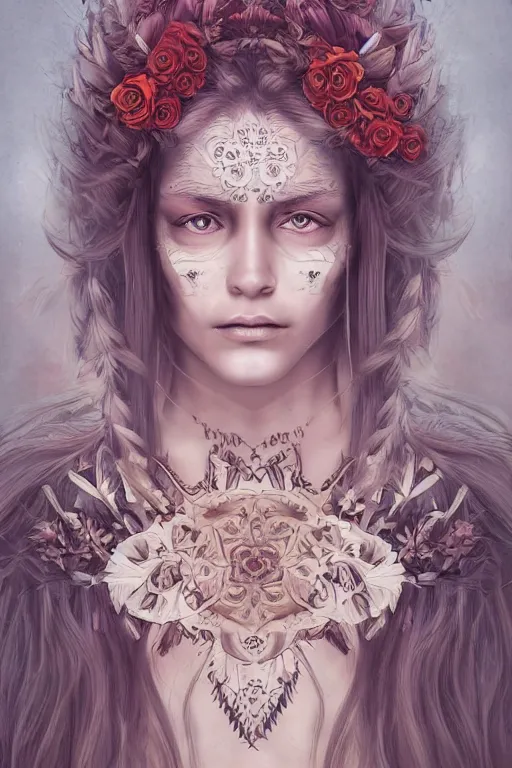 Prompt: a symmetrical portrait with esoteric symbols on the skin and flowers in the hair, intricate, hyperrealistic, concept art, digital art