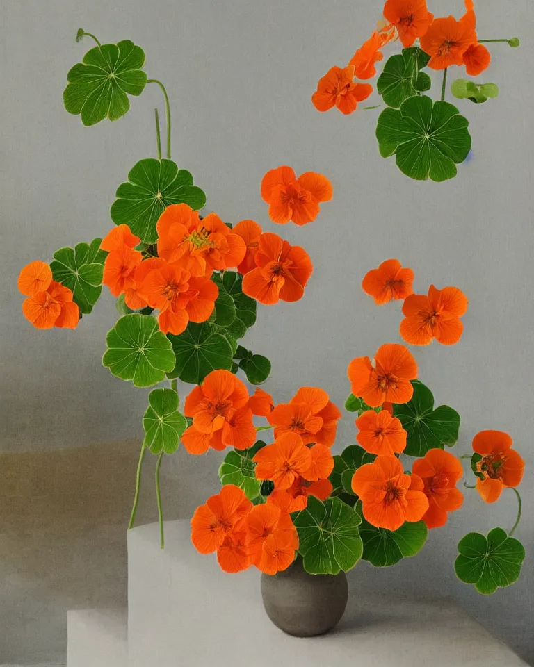 Prompt: fine artwork of a still life arrangement of flowering nasturtiums in japanese ceramic pots. soft light coming from a window in a dark room, moody, wabisabi, hygge