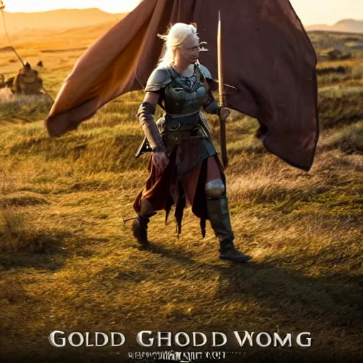 Image similar to an old norse queen going to war with her army, golden hour, 8 k uhd, awe - inspiring.