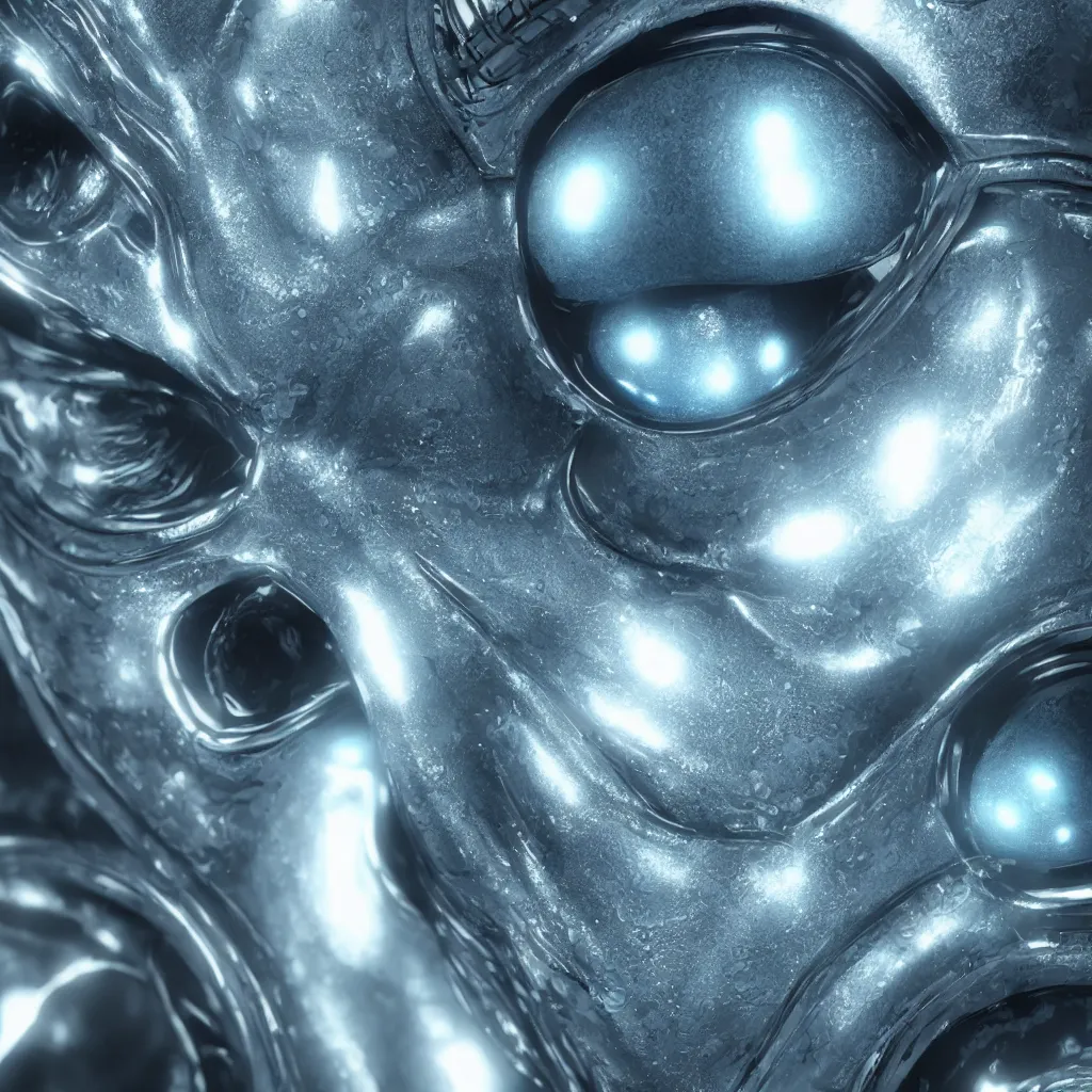 Image similar to a highly detailed artwork of a futuristic artificial intelligence superstar, centered alien face, photorealistic detailed water texture, octane render, 4k, high quality, cgi, volumetric lighting, sharp focus