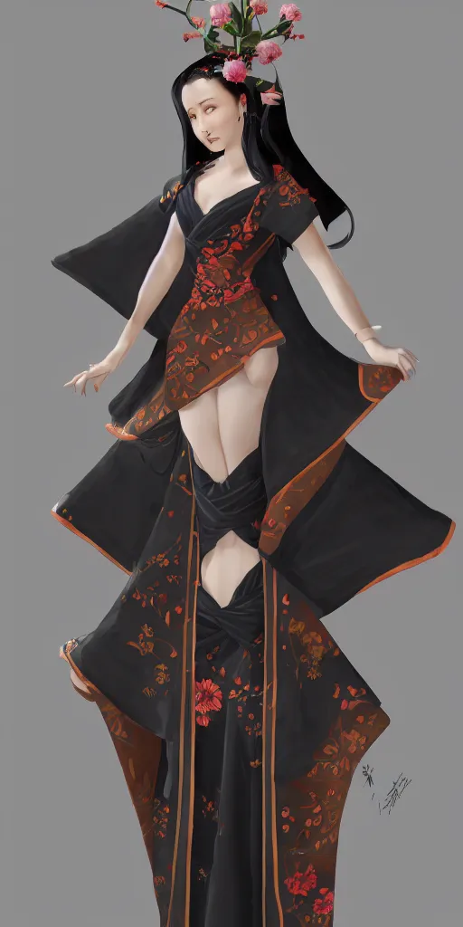 Image similar to beautiful gorgeous elf woman in dress mix of kimono and european colonial dress mediaval, ardeco, octan render, stylized in blizzard style, black hair, concept artstation, front camera view