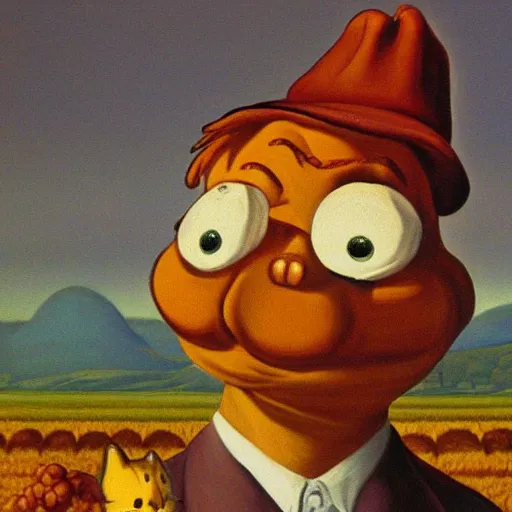 Image similar to surrealist painting of garfield as a farmer, high detail