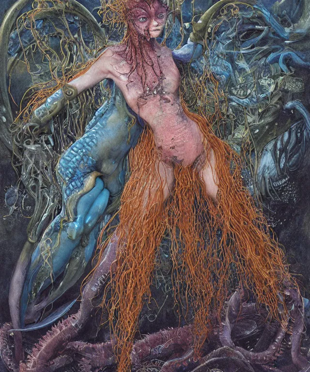 Prompt: a portrait photograph of a fierce sadie sink as an alien harpy queen with blue slimy amphibian skin. she is trying on evil bulbous slimy organic membrane fetish fashion and transforming into a fiery succubus amphibian dolphin. by donato giancola, walton ford, ernst haeckel, brian froud, hr giger. 8 k, cgsociety