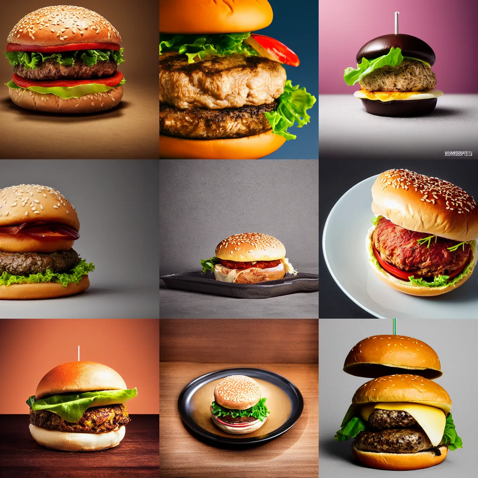 Prompt: a small chicken inside a hamburger, food photography, studio lighting, highly detailed