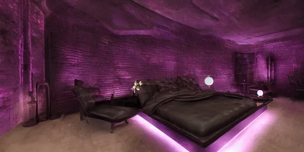 Prompt: night time, moody dark, dark purple leather dungeon bedroom in the style of blade runner 2 0 4 9