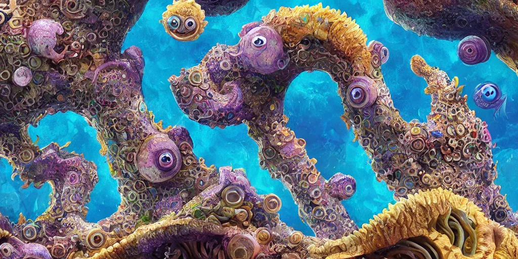 Image similar to of an intricate sea reef with strange cute friendly happy creatures with huge eyes, mouth, long tongue, round teeth and goofy face, appearing from the background, in the style of gehry and gaudi, macro lens, shallow depth of field, ultra detailed, digital painting, trending artstation, concept art, illustration, cinematic lighting, photorealism, epic, octane render