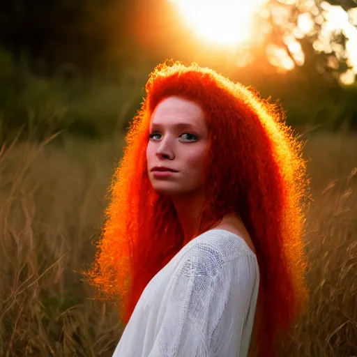 Prompt: Beautiful red haired warrior priestess, sunset, backlit, photograph, Sony A7III, 35mm, f2,5