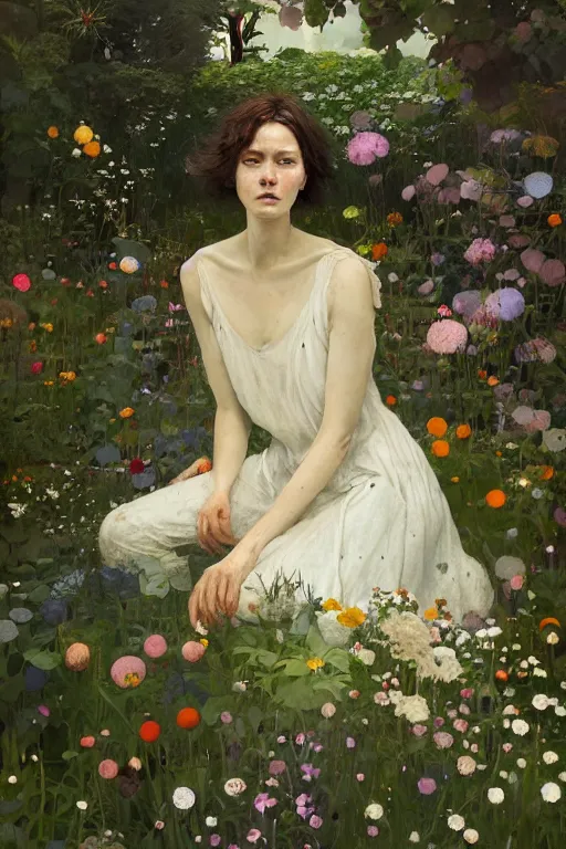 Image similar to beautiful woman in garden, imperil, beauty portrait by greg rutkowski, hilma af klint, moebius, victo ngai, sharp focus, global illumination, highly detailed, masterpiece, award winning, post processing