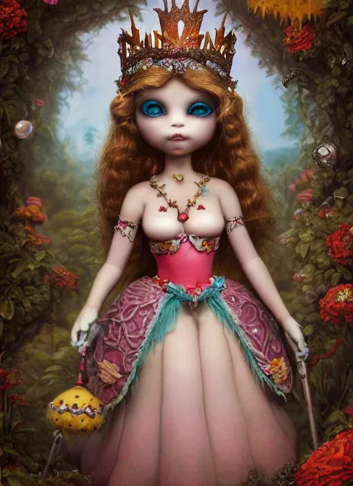 Image similar to highly detailed closeup, profile portrait of a tin toy goth fairytale princess wearing a crown, bikini, unreal engine, nicoletta ceccoli, mark ryden, earl norem, lostfish, global illumination, detailed and intricate environment
