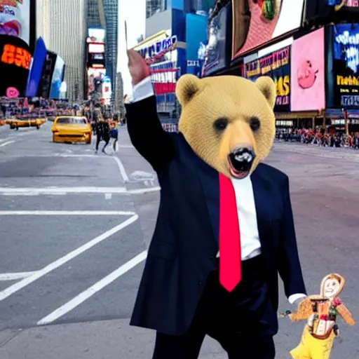 Prompt: Donal Trump as a bear skateboarding in Times square