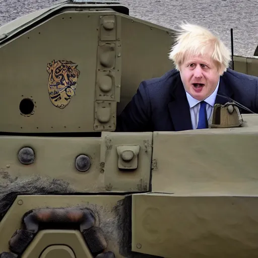 Image similar to Medium shot photograph of Boris Johnson inside a tiger tank, 4k, ultra HD