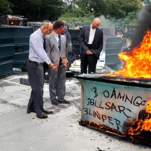 Image similar to billionaires throwing money into a burning dumpster