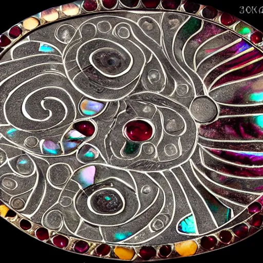 Image similar to block of abalone block of inlaid silver, block of ruby, sand, water reflecting pool coins photo 4 k artstation