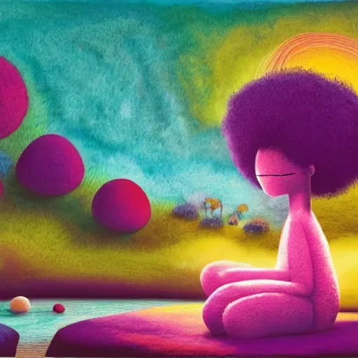 Image similar to a black girl with a colorful afro and big colorful eyes meditating in an african zen garden at sunset, bright colours, bokeh!!, watercolor, volumetric wool felting, macro photography, children illustration, by goro fujita