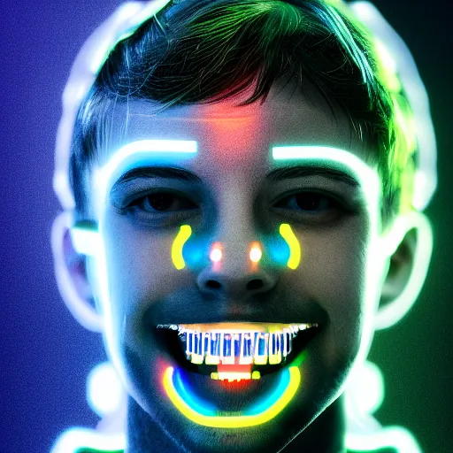 Prompt: a portrait of a person with braces on their teeth. the braces have rgb ambient lighting. digital art, cyberpunk, 8 k, 4 k, ue 5