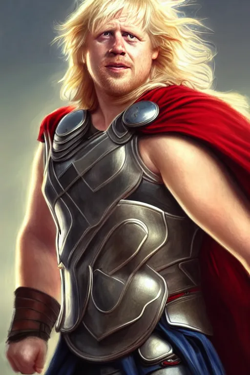 Image similar to Boris Johnson as Thor, Boris Johnson hairstyle, full body realistic portrait, highly detailed, digital painting, artstation, concept art, smooth, sharp focus, illustration, cinematic lighting, art by artgerm and greg rutkowski and alphonse mucha