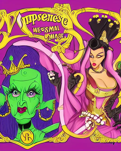 Image similar to the empress of licorice, monster, villainess, D&D character art, candyland, hearthstone, sharp detail, digital painting, character portrait, in the style of don bluth, frank cho, jack kirby, miyazaki, tony diterlizzi, wayne reynolds