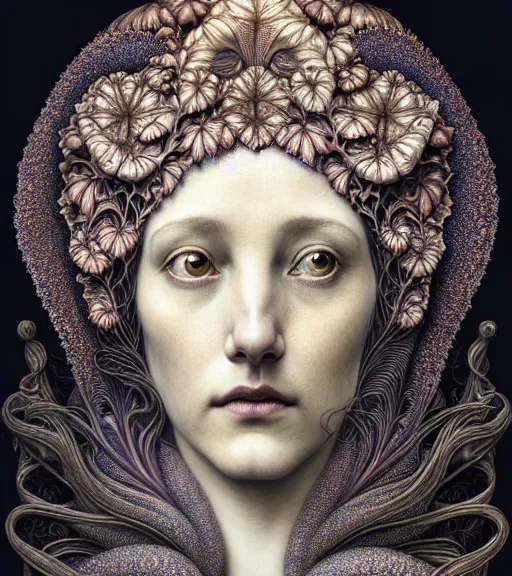 Prompt: detailed realistic beautiful tulip goddess face portrait by jean delville, gustave dore, iris van herpen and marco mazzoni, art forms of nature by ernst haeckel, art nouveau, symbolist, visionary, gothic, neo - gothic, pre - raphaelite, fractal lace, intricate alien botanicals, ai biodiversity, surreality, hyperdetailed ultrasharp octane render