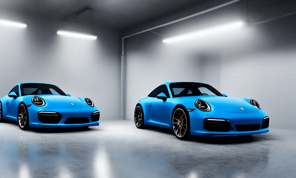 Prompt: photo of a blue porsche 911 standing in a garage, centered, mist, volumetric light, cinematic lighting, octane render, 4k