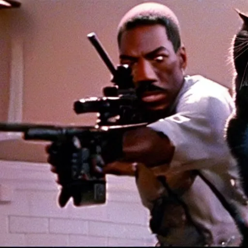 Image similar to a still of the cats gunfighting from the buddy cop movie beverly hills cat 2, with eddie murphy