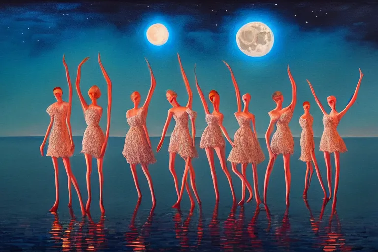 Prompt: 3 d, close - up, night, group of fashion models standing in a night lake with their hands raised to the bright moon, moon ryas, vogue cover style, intricate oil painting, high detail, figurative art, multiple exposure, poster art, 3 d, by stanley kubrick and tooth wu and wlop and beeple