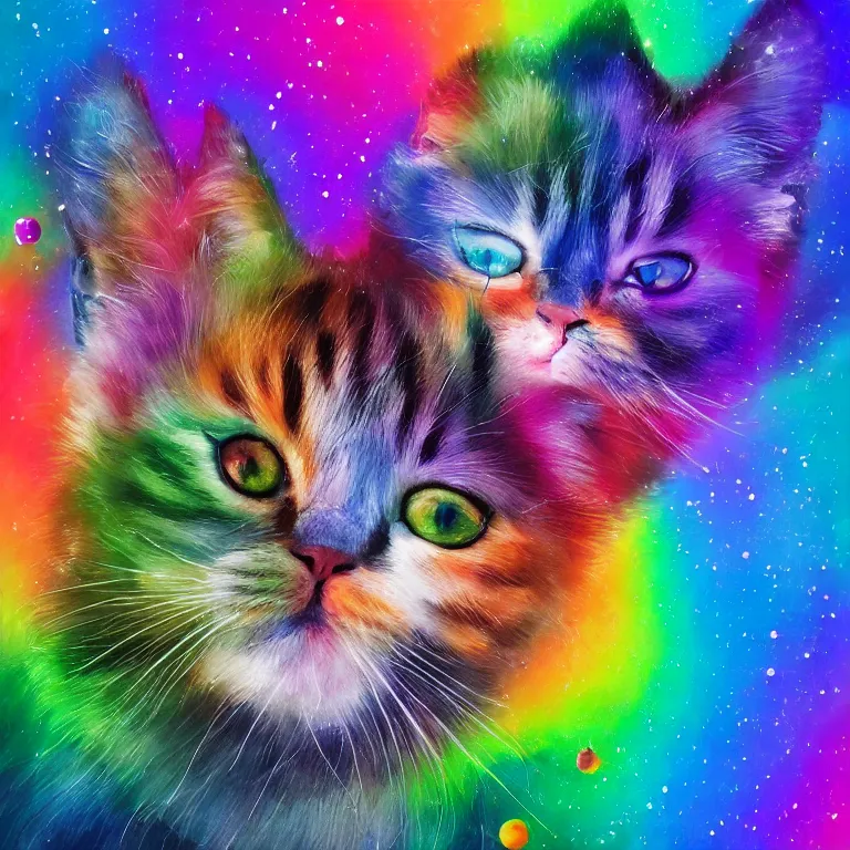 Prompt: art of Rainbow kittens in space, well lit, digital art, expressive beautiful, award winning, high quality, 4k hd, sharp, backlit, gorgeous lighting, painted by Pablo Amaringo