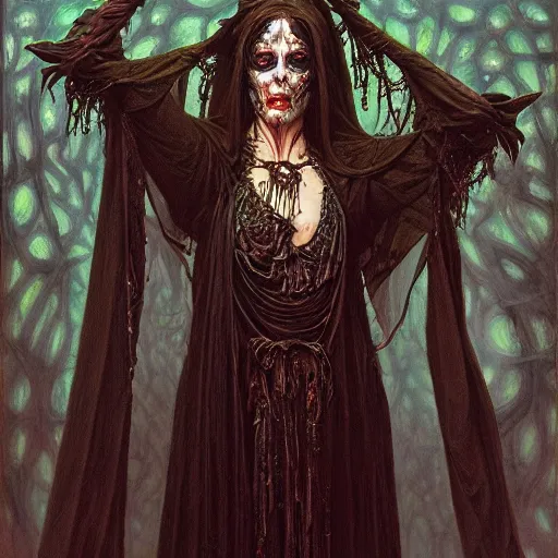 Image similar to portrait of an undead priestess, by gerald brom, donato giancola, and berthold woltze.