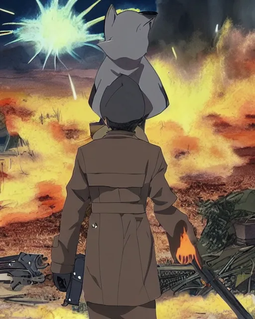 Image similar to a fox in a black trench - coat in front of a huge explosion in the middle of a war, style of anime