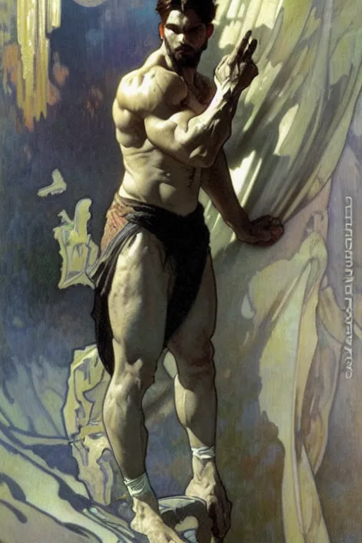 Image similar to A man wearing silver clothes, muscular, fantasy, painting by greg rutkowski and alphonse mucha