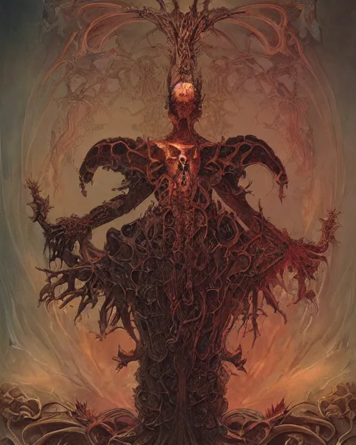 Image similar to detailed front view of a dead rotten daemon growing ornate baroque, ornamentation, elegant, beautifully soft lit, by wayne barlowe, peter mohrbacher, kelly mckernan