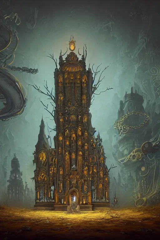 Prompt: illustration of close low angle view of an ornate obsidian gothic pipe organ with gold spidery embellishments, night, smoke, ground fog, by peter mohrbacher, by alex andreev, by jacek yerka, by alan lee, large depth of field, super detailed, digital art, trending on artstation, ornate