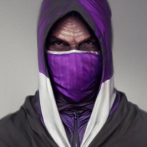 Image similar to ultra realistic illustration, man in a black hood, in a striped purple balaclava, mysterious, highly detailed, digital painting, artstation, concept art, smooth, sharp focus, illustration, art by artgerm and greg rutkowski and alphonse mucha