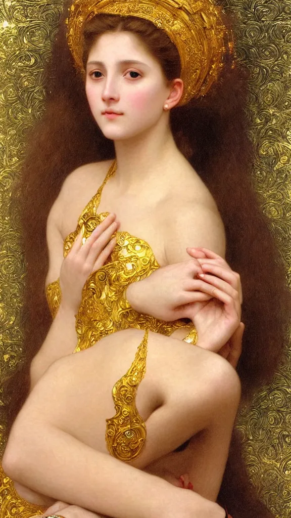 Prompt: painting portrait of a beautiful woman like an ancient goddess, intricate, elegant, digital painting, smooth, sharp focus, shiny gold, realistic gold, realistic metal, by William-Adolphe Bouguereau and Gustav Klimt,