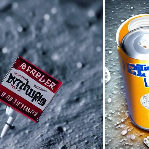 Prompt: a photo of a detailed, realistic, idle, regular sized electric guitar next to a beer can on the moon. detailed photo. realistic photo