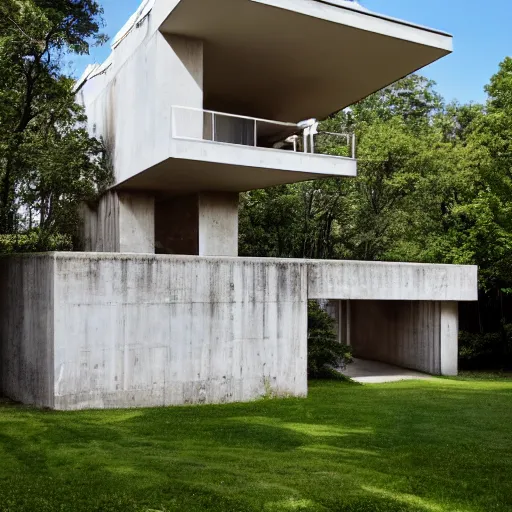 Prompt: second story elevated white brutalist home perched atop 2 equidistant separated large piers, double cantilevered design, large windows, elegant, white stone, proportion, golden ratio, epic composition, steel window mullions, cars parked underneath